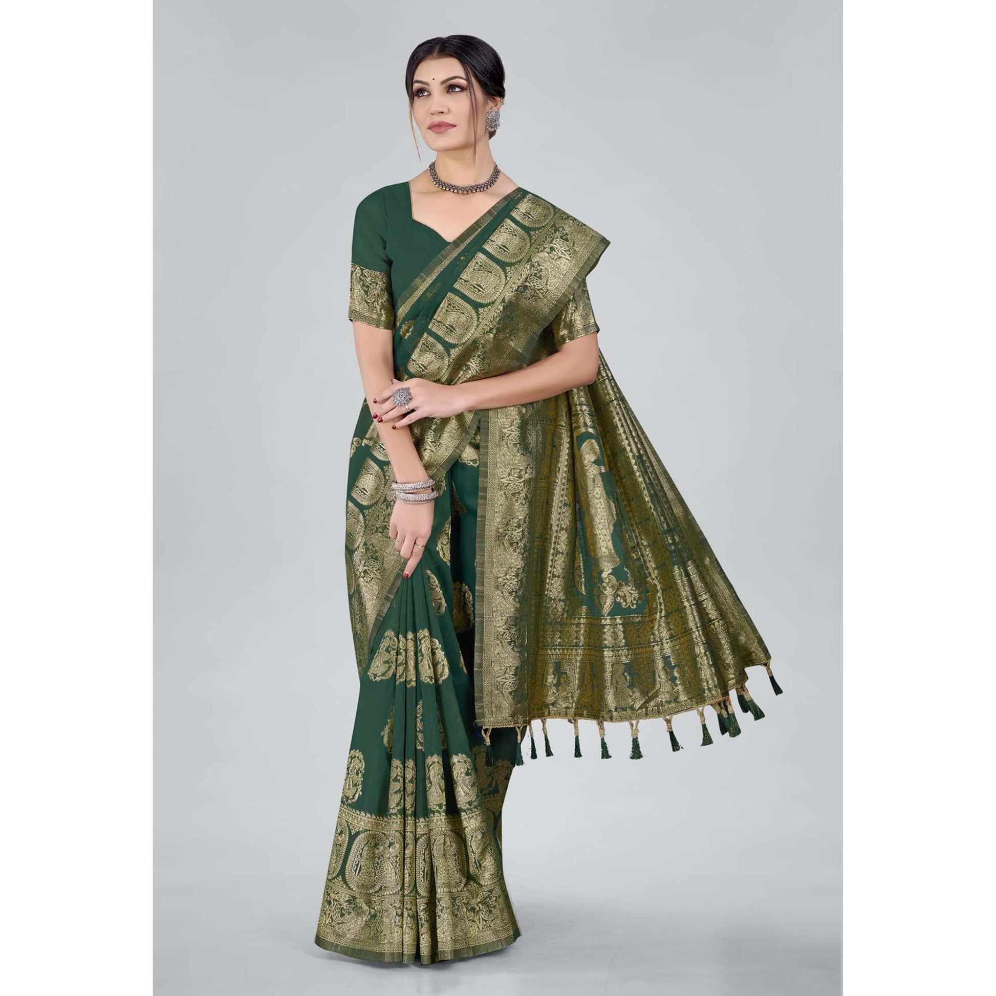 green-woven-organza-saree-with-tassels-4