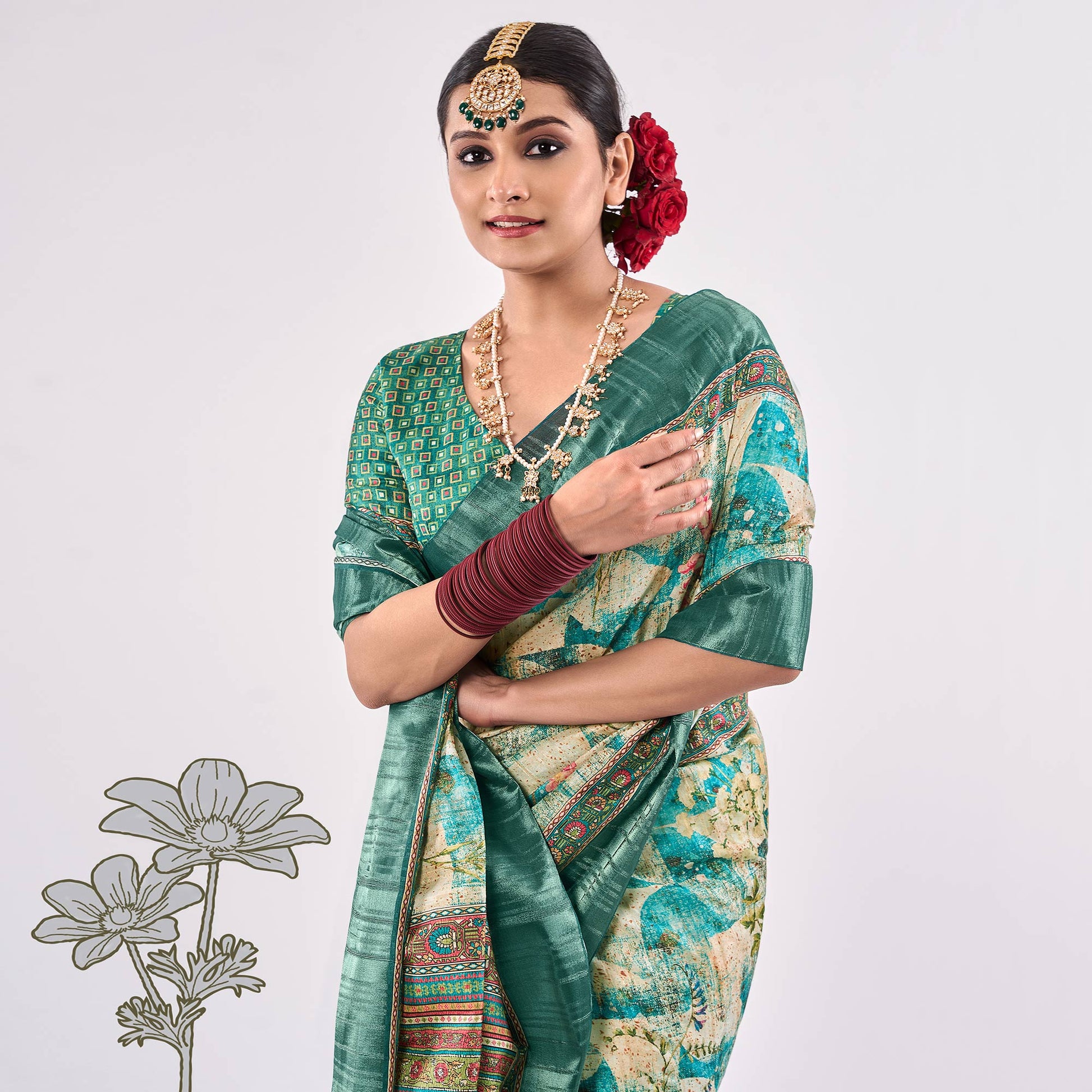 Cream & Blue Printed Art Silk Saree