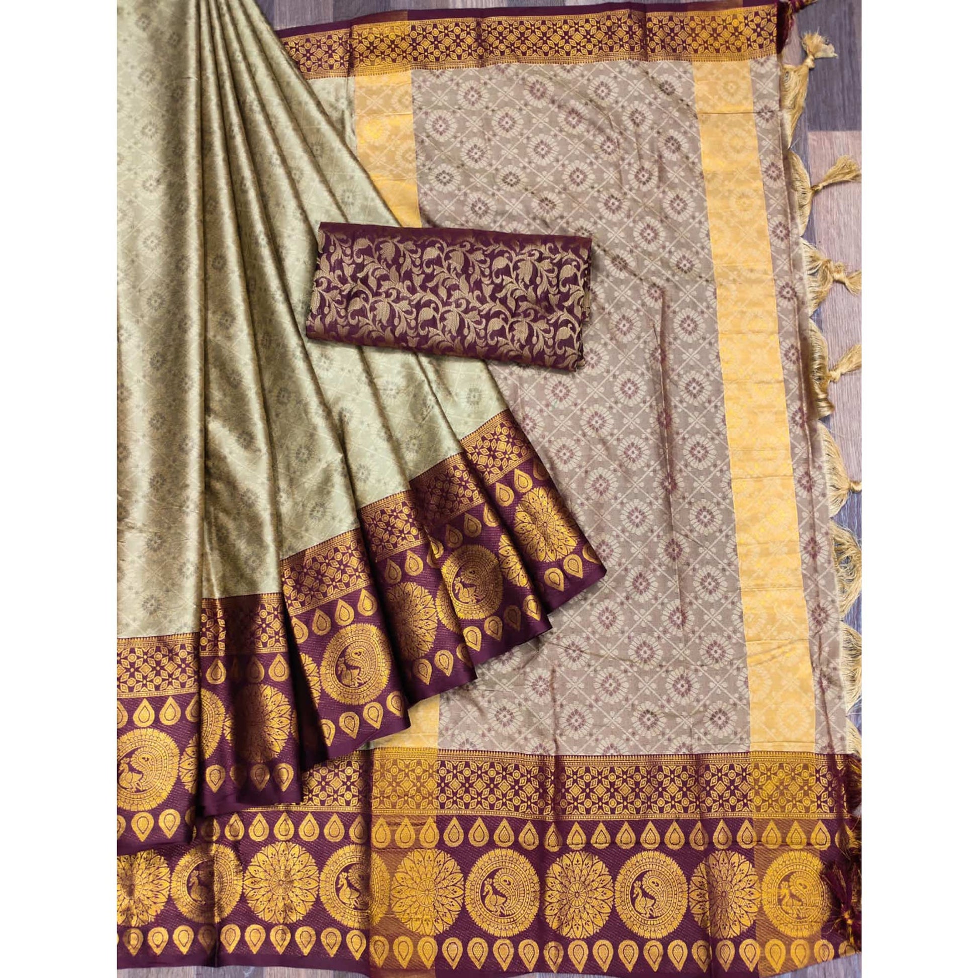 Chikoo Woven Cotton Silk Saree With Tassels
