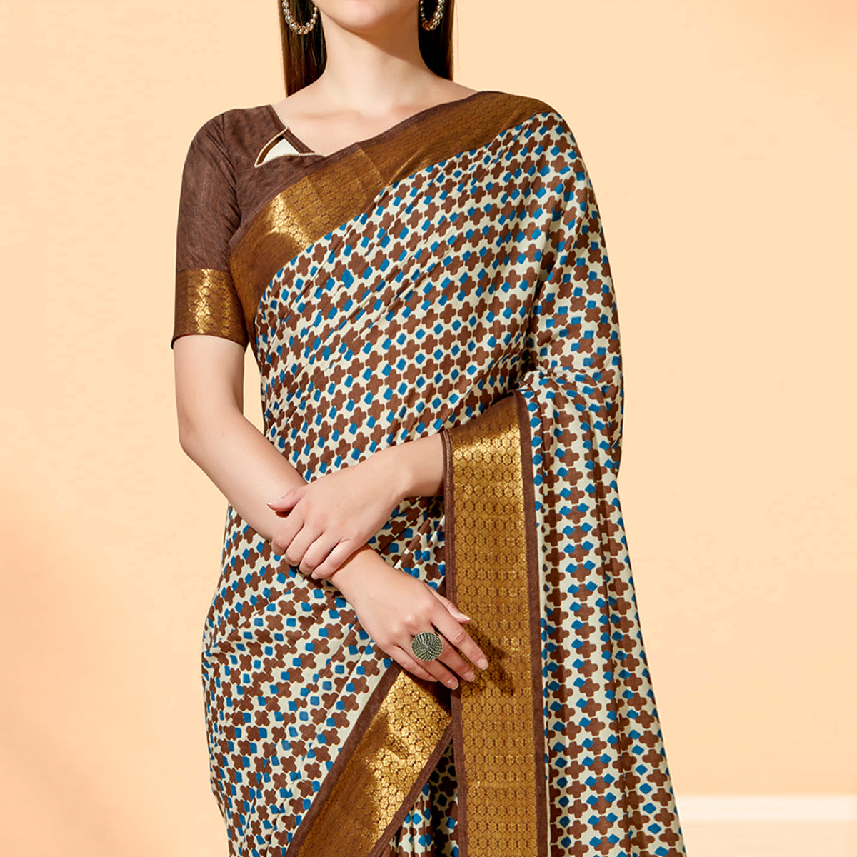Brown Printed Dola Silk Saree With Tassels