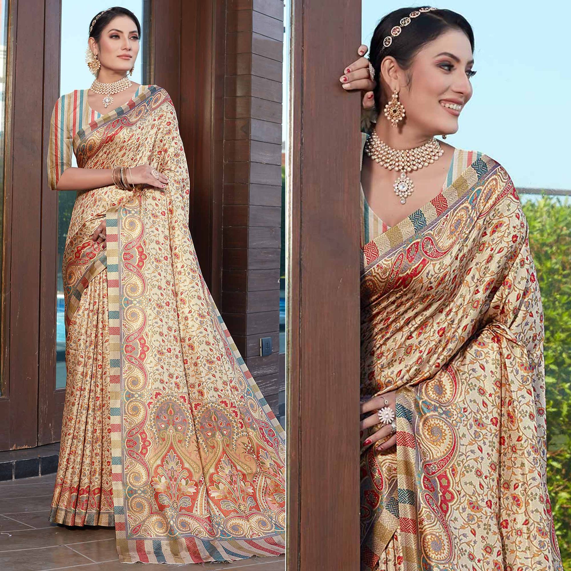 Cream Digital Printed Pashmina Saree