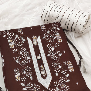 Brown Printed With Embroidered Rayon Dress Material