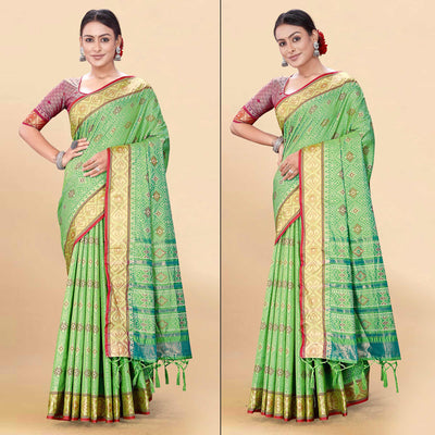 green-woven-patola-art-silk-saree-with-tassels-2