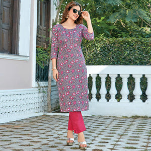 Light Purple Floral Printed Cotton Blend Kurti