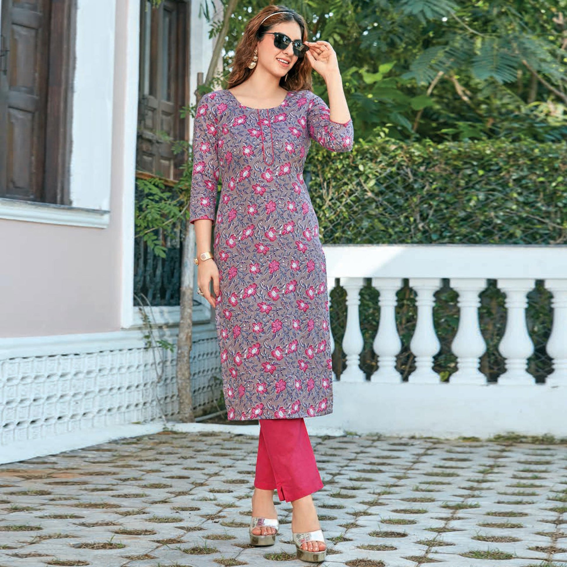 Light Purple Floral Printed Cotton Blend Kurti