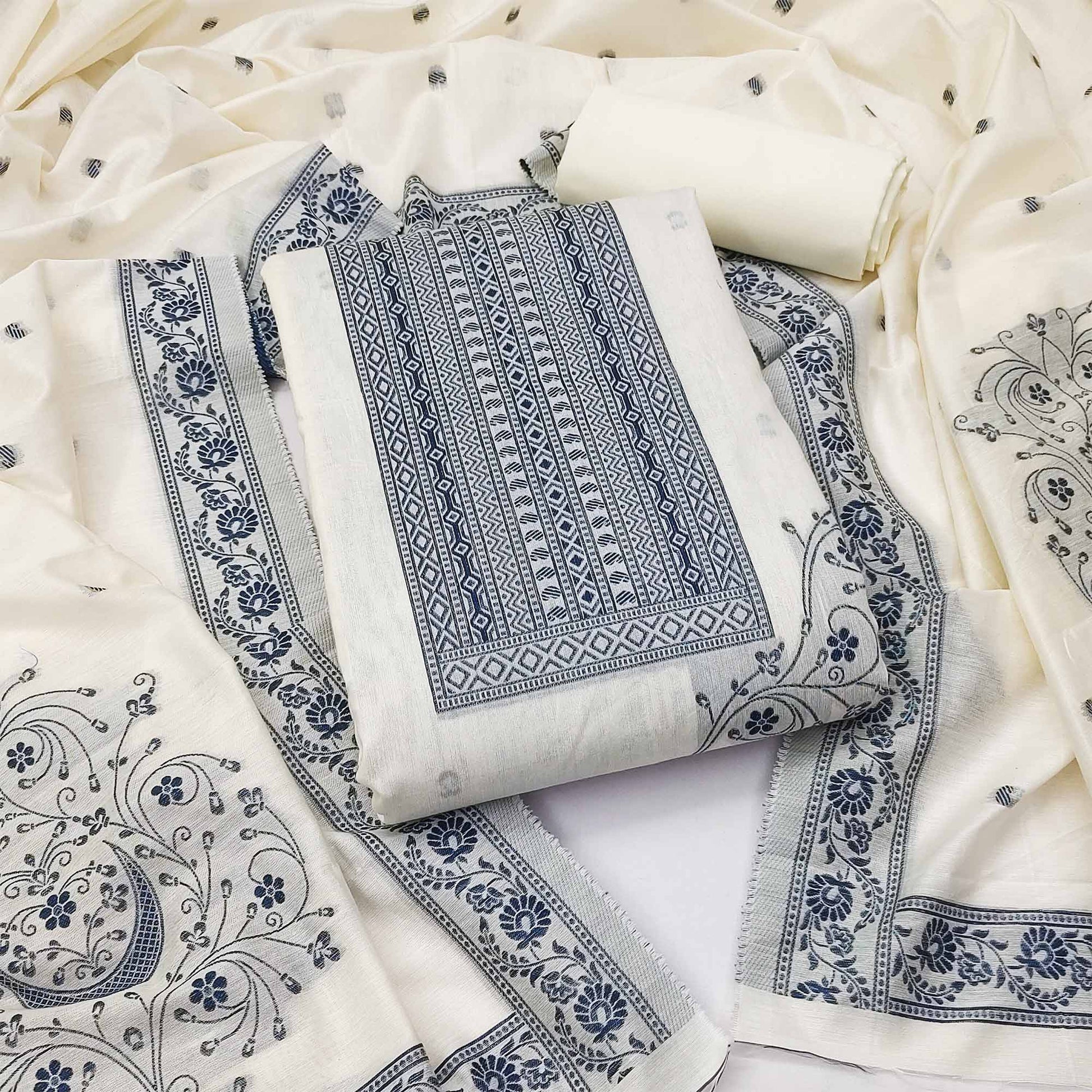 Cream & Blue Floral Woven Pure Cotton Dress Material