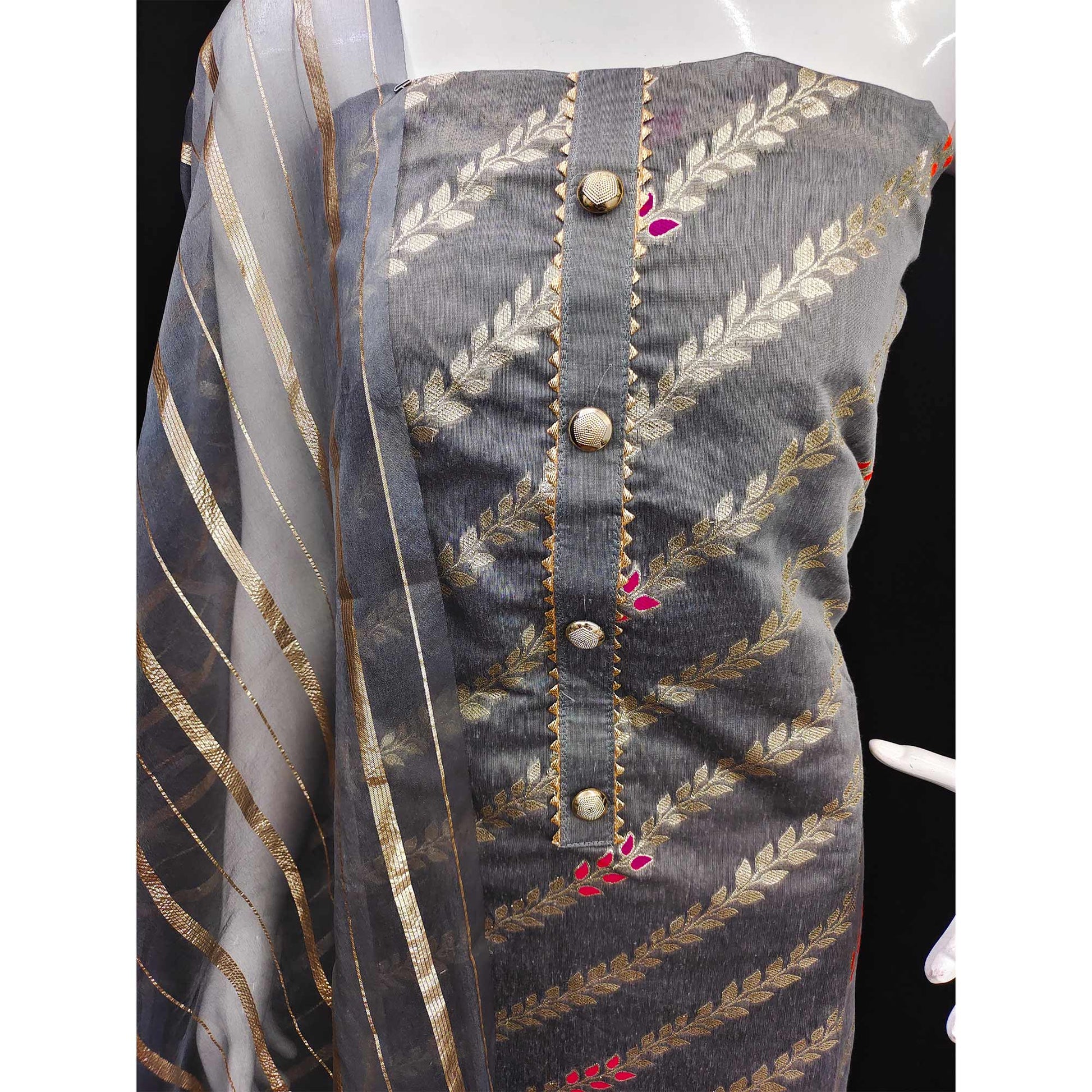 Grey Woven Banarasi Silk Dress Material
