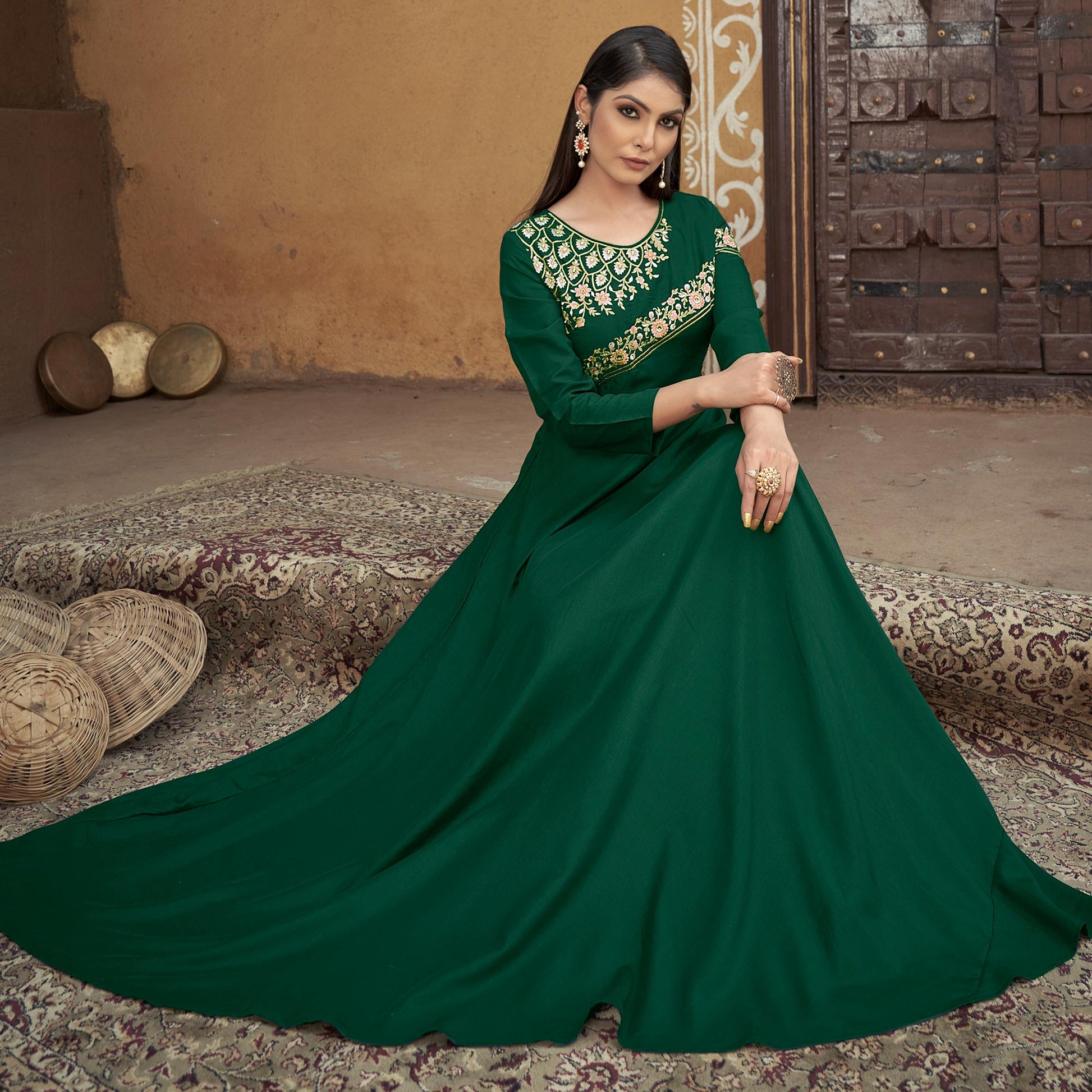 Bottle Green Floral Embroidered Muslin Gown