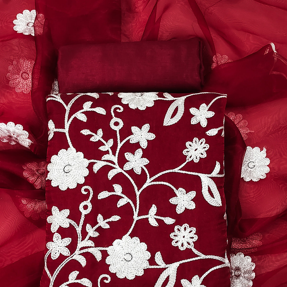 Maroon Floral Embroidered Organza Dress Material