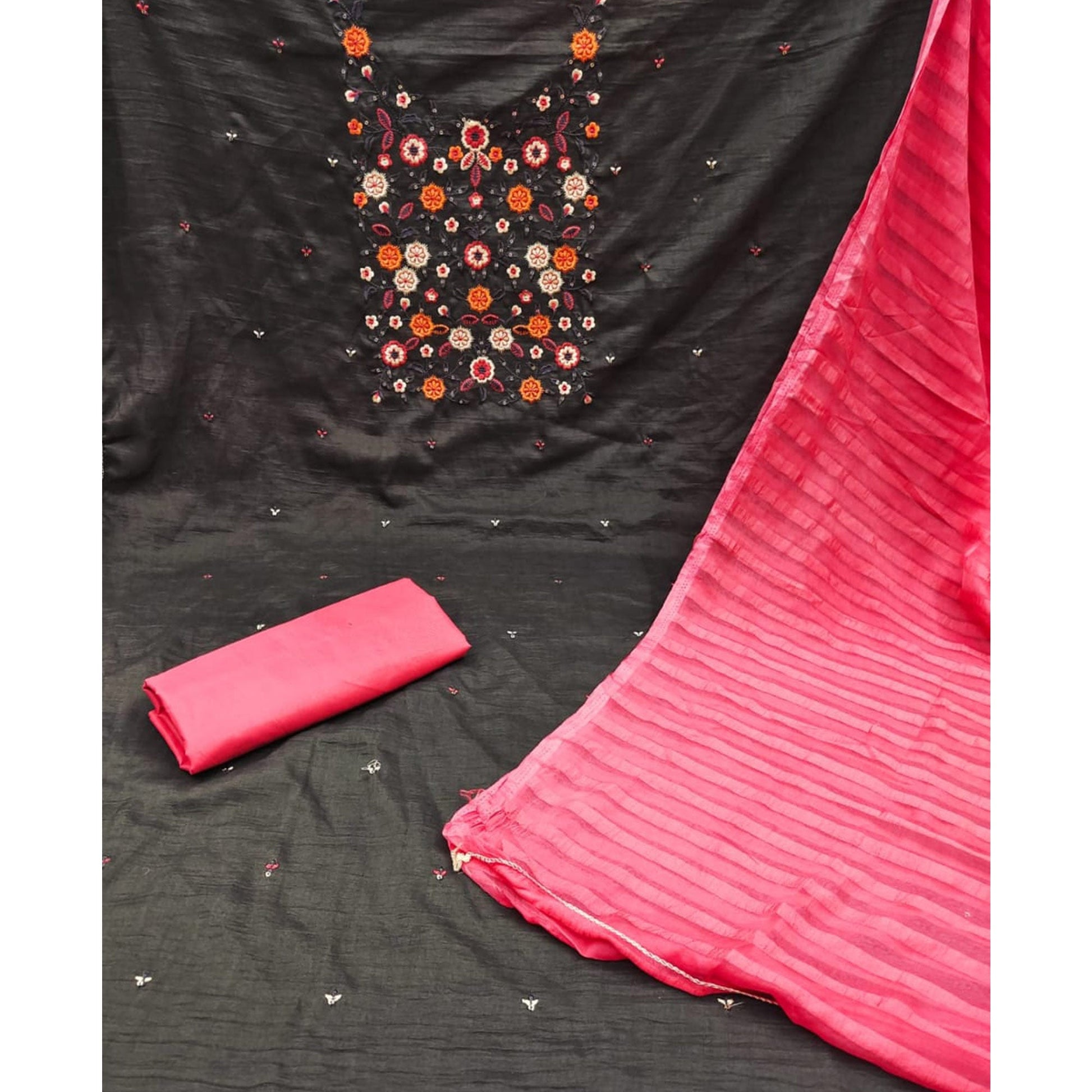Dark Grey Floral Sequins Embroidered Cotton Blend Dress Material