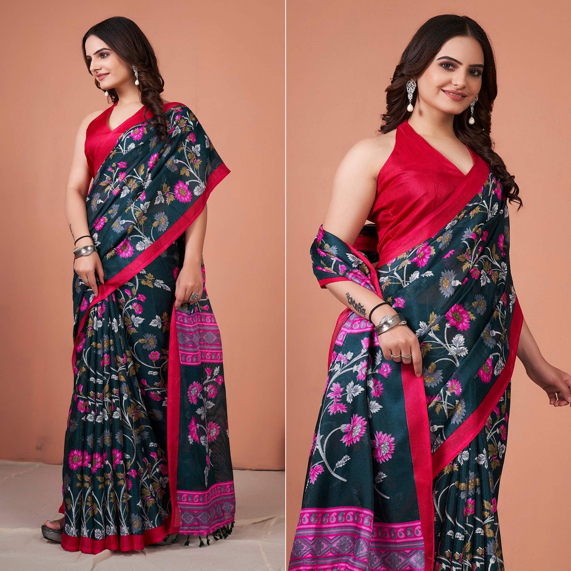 green-floral-printed-jute-saree-with-tassels