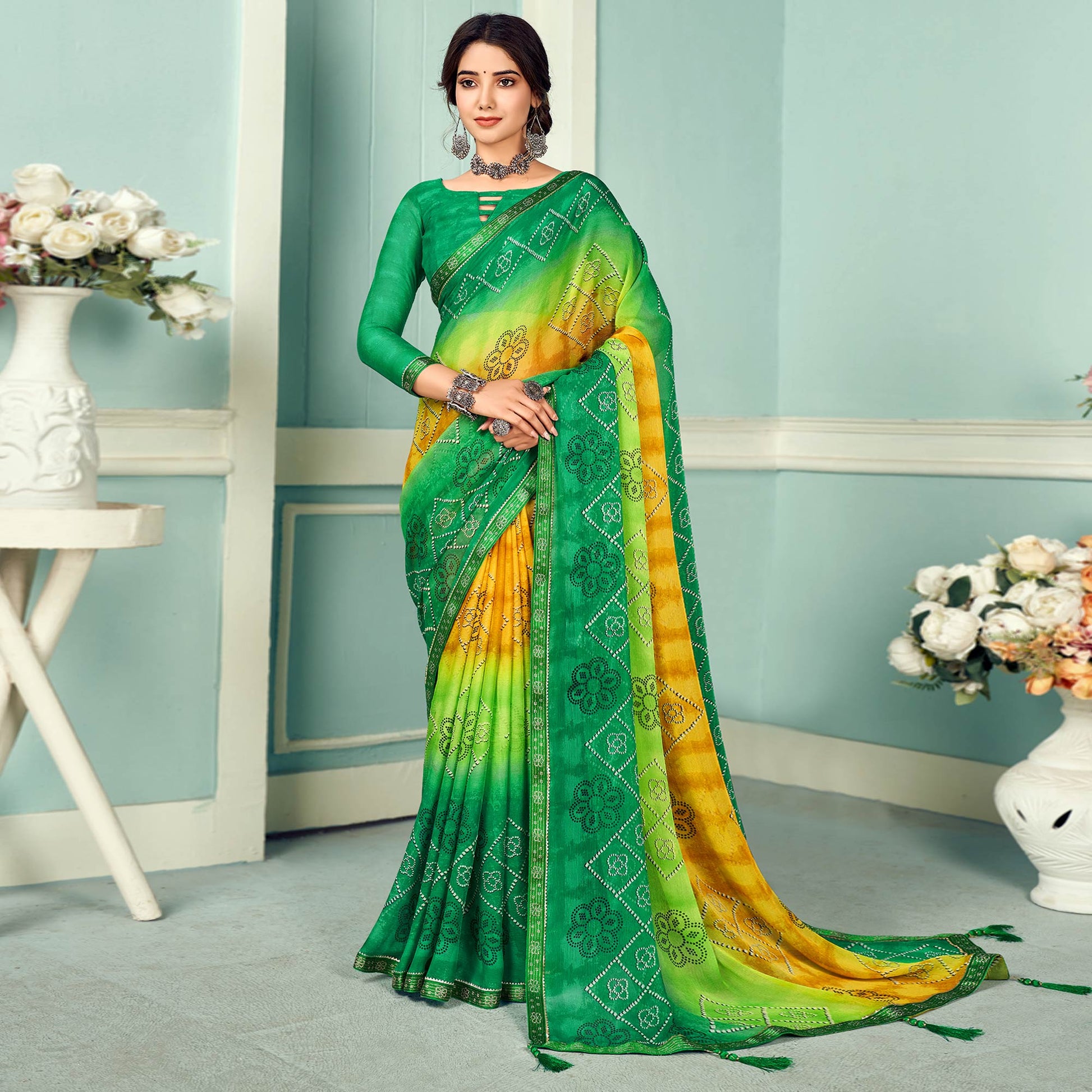 green-digital-bandhani-printed-chiffon-saree-with-tassels