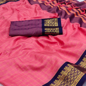 Gajari Pink Checks With Woven Border Cotton Silk Saree