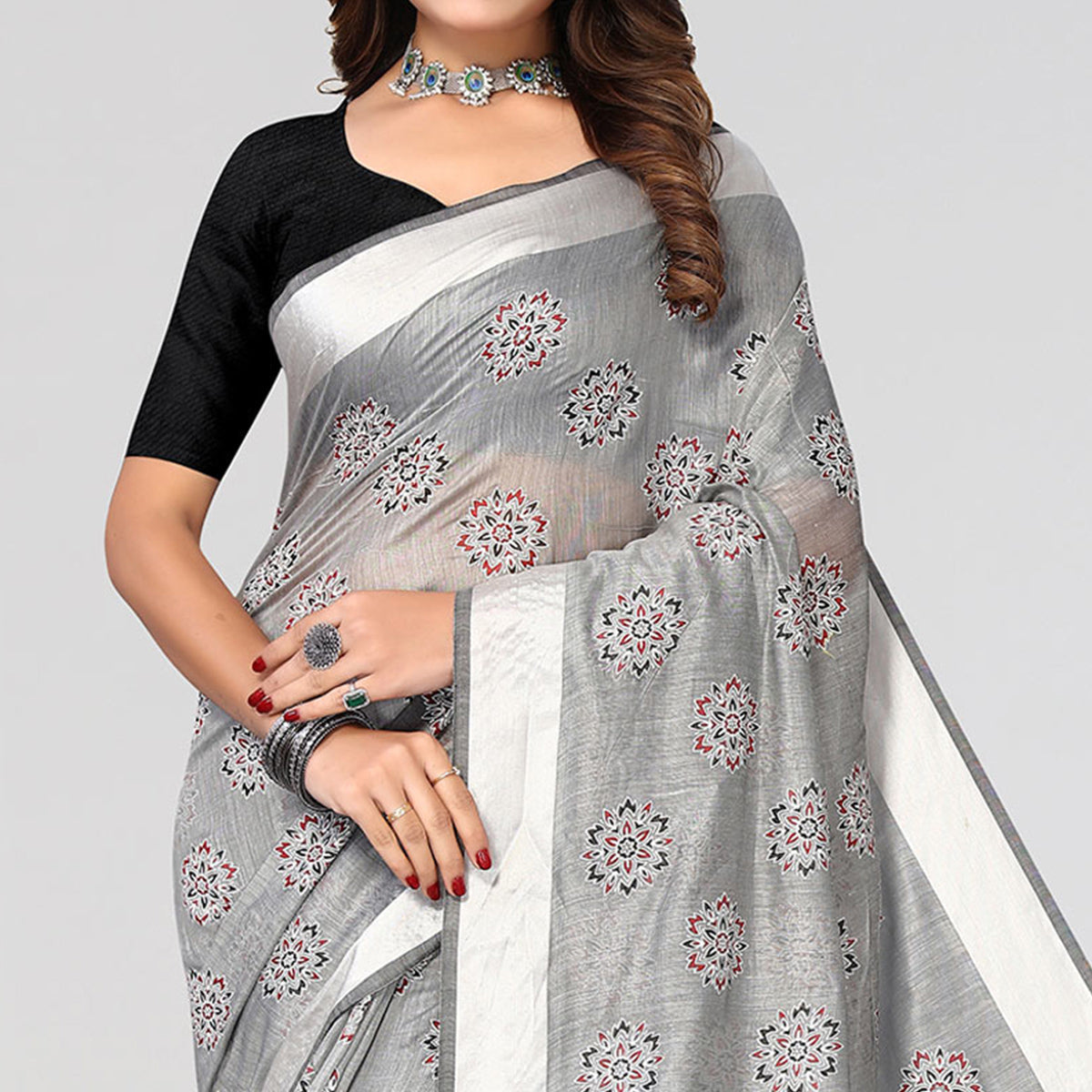 grey-floral-printed-poly-cotton-saree