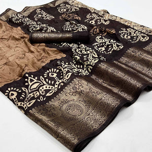 Brown Floral Printed With Woven Dola Silk Saree