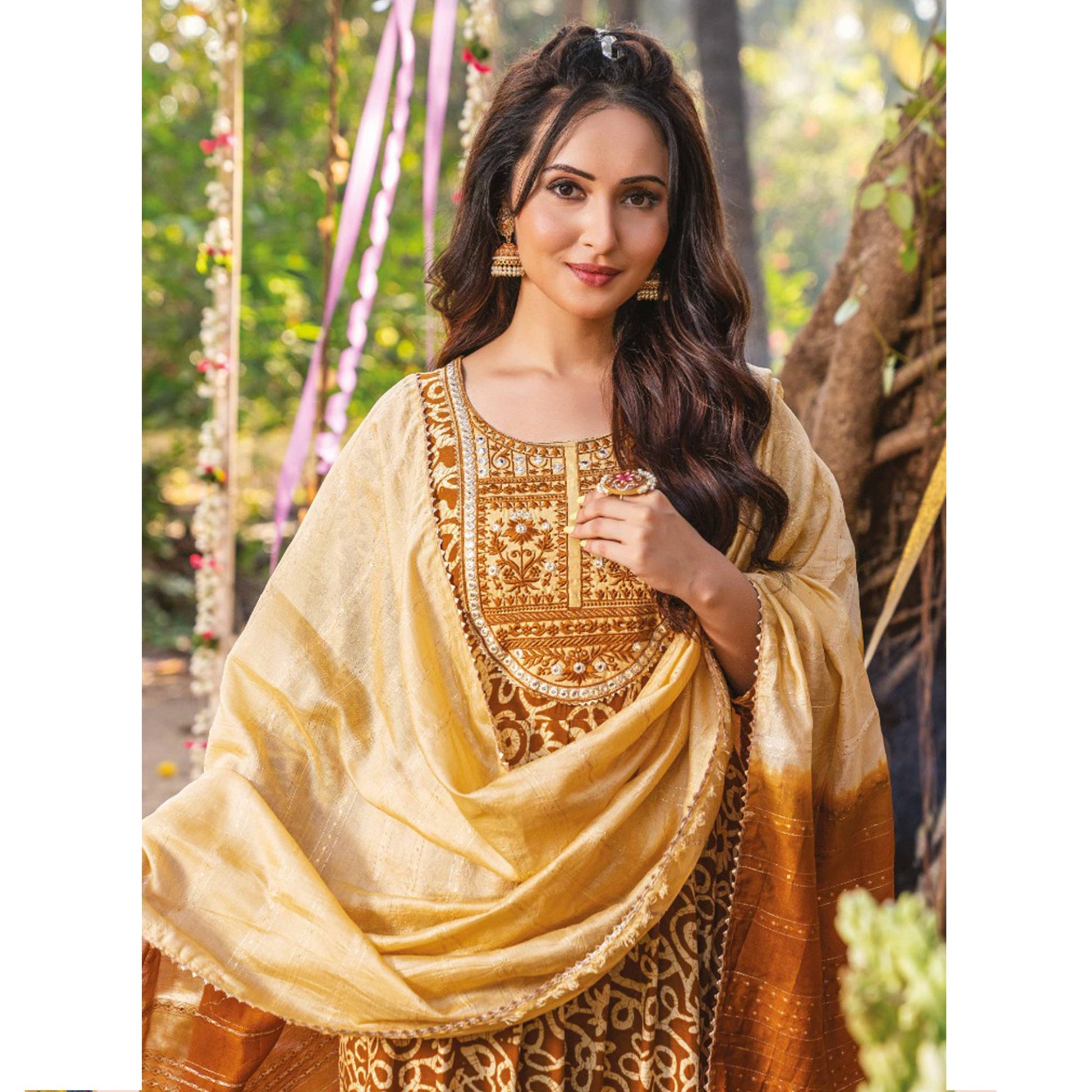 Brown Printed Rayon Naira Cut Suit