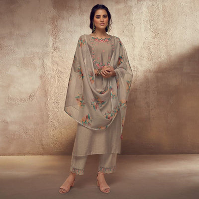 Brown Floral Embroidered Viscose Suit
