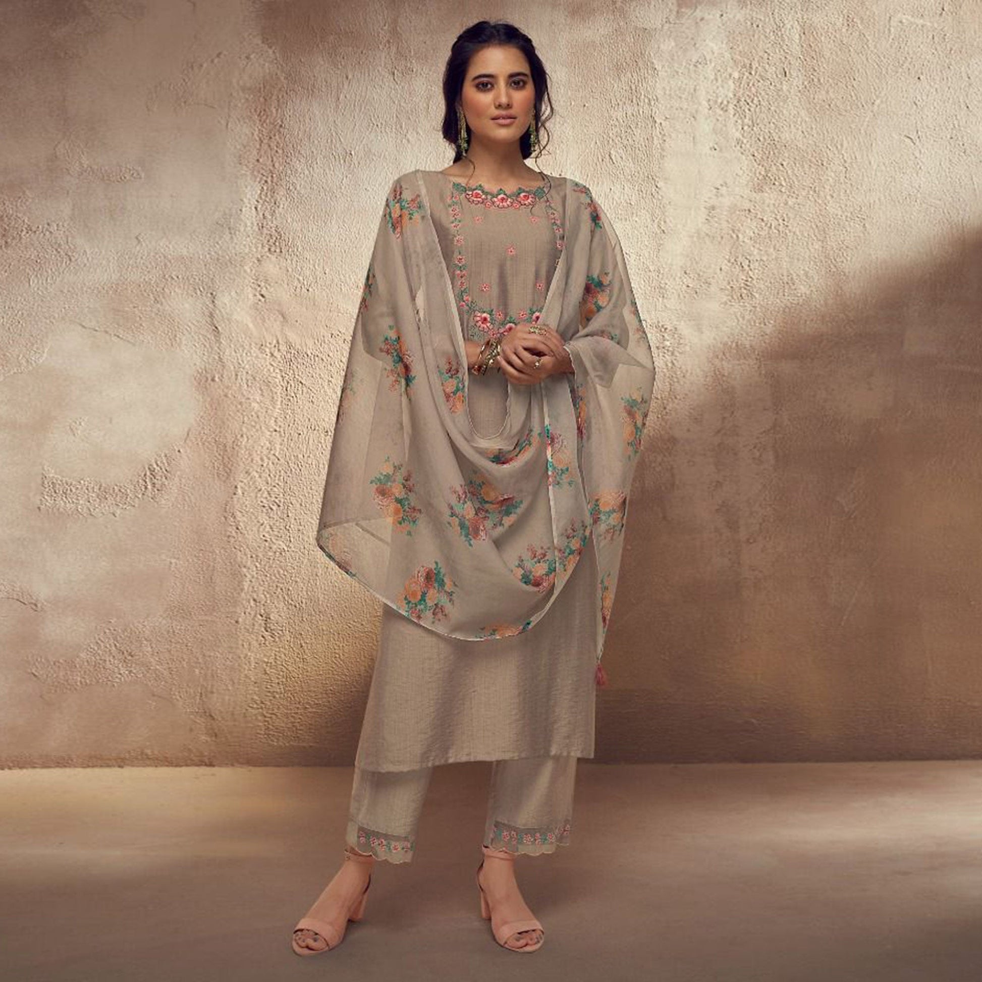 Brown Floral Embroidered Viscose Suit