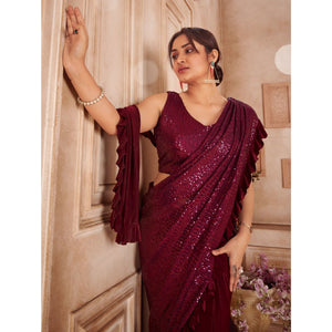Maroon Sequins Embroidered Ready to Wear Lycra And Netted Saree