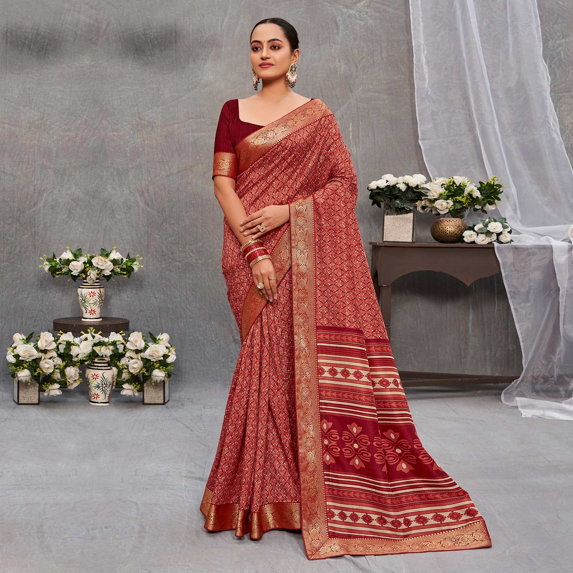 Maroon Printed Tussar Silk Saree