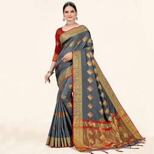 Grey Woven Art Silk Saree With Tassels