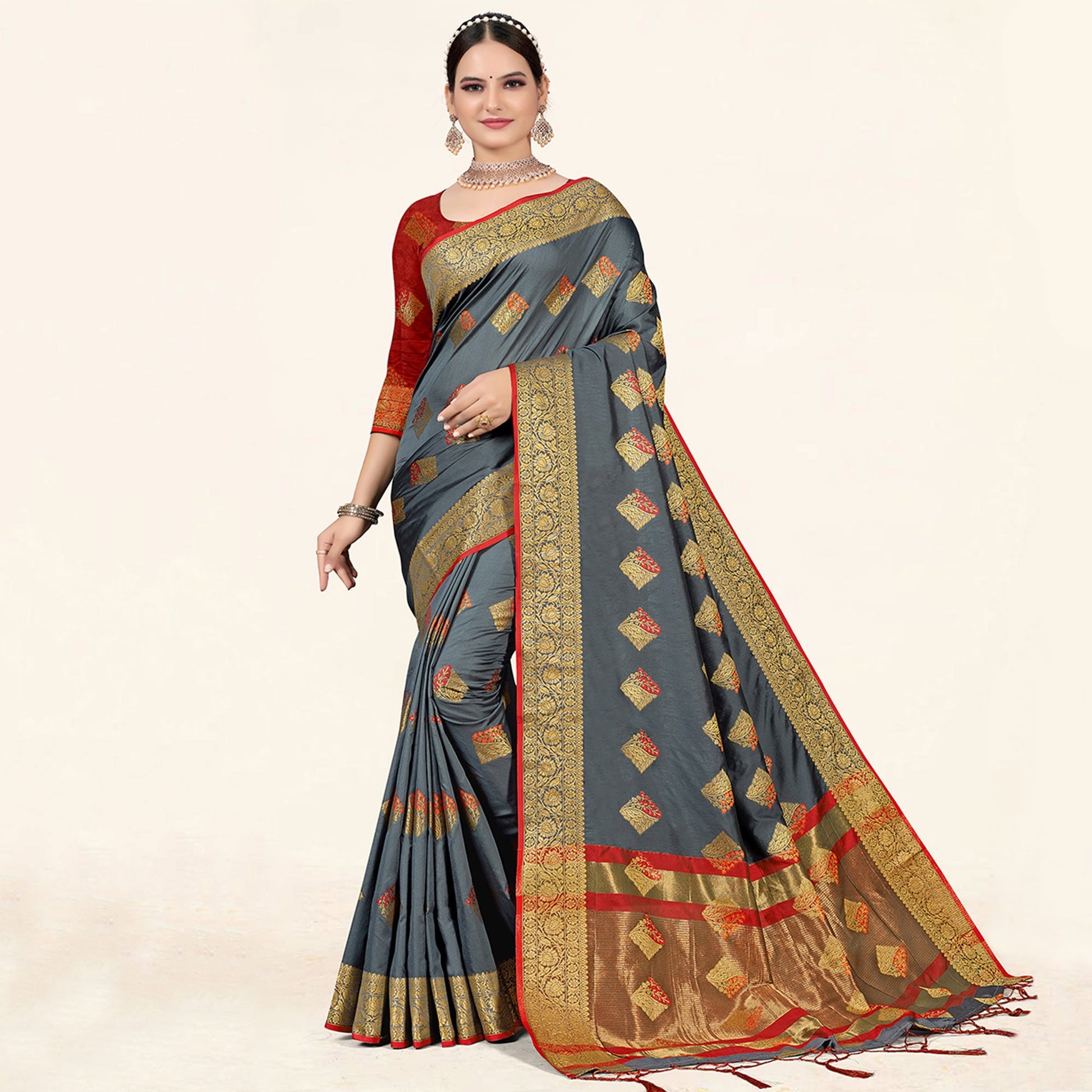 Grey Woven Art Silk Saree With Tassels