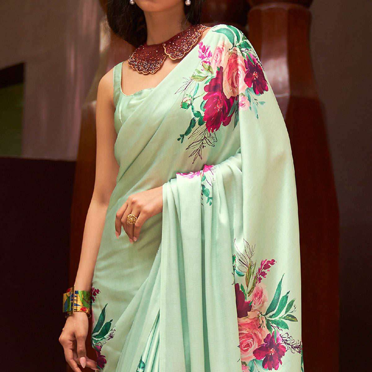 green-floral-digital-printed-satin-saree