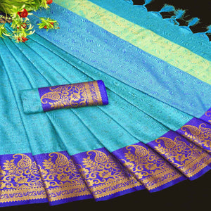 Blue Woven Cotton Silk Saree