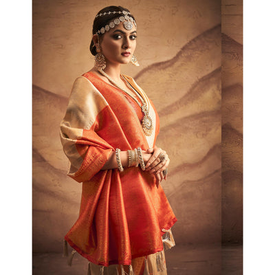 Cream Woven Art Silk Saree With Tassels