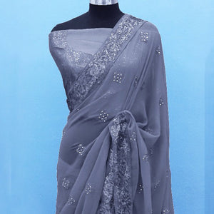 Grey Sequins Emroidered Georgette Saree