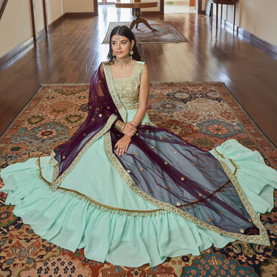 Light Aqua Green Embroidered Art Silk Lehenga Choli