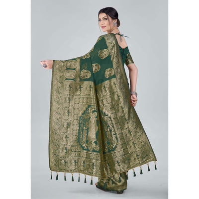 green-woven-organza-saree-with-tassels-4