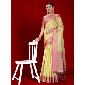 Lemon Yellow Floral Woven Organza Saree With Tassels