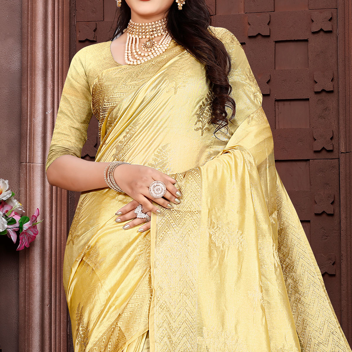 Cream Floral Woven Organza Saree