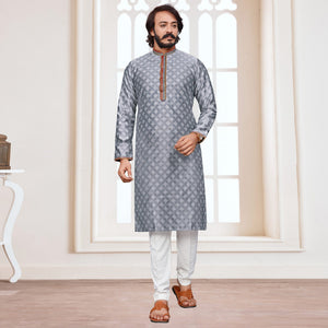 Grey Woven Jacquard Kurta Pyjama Set