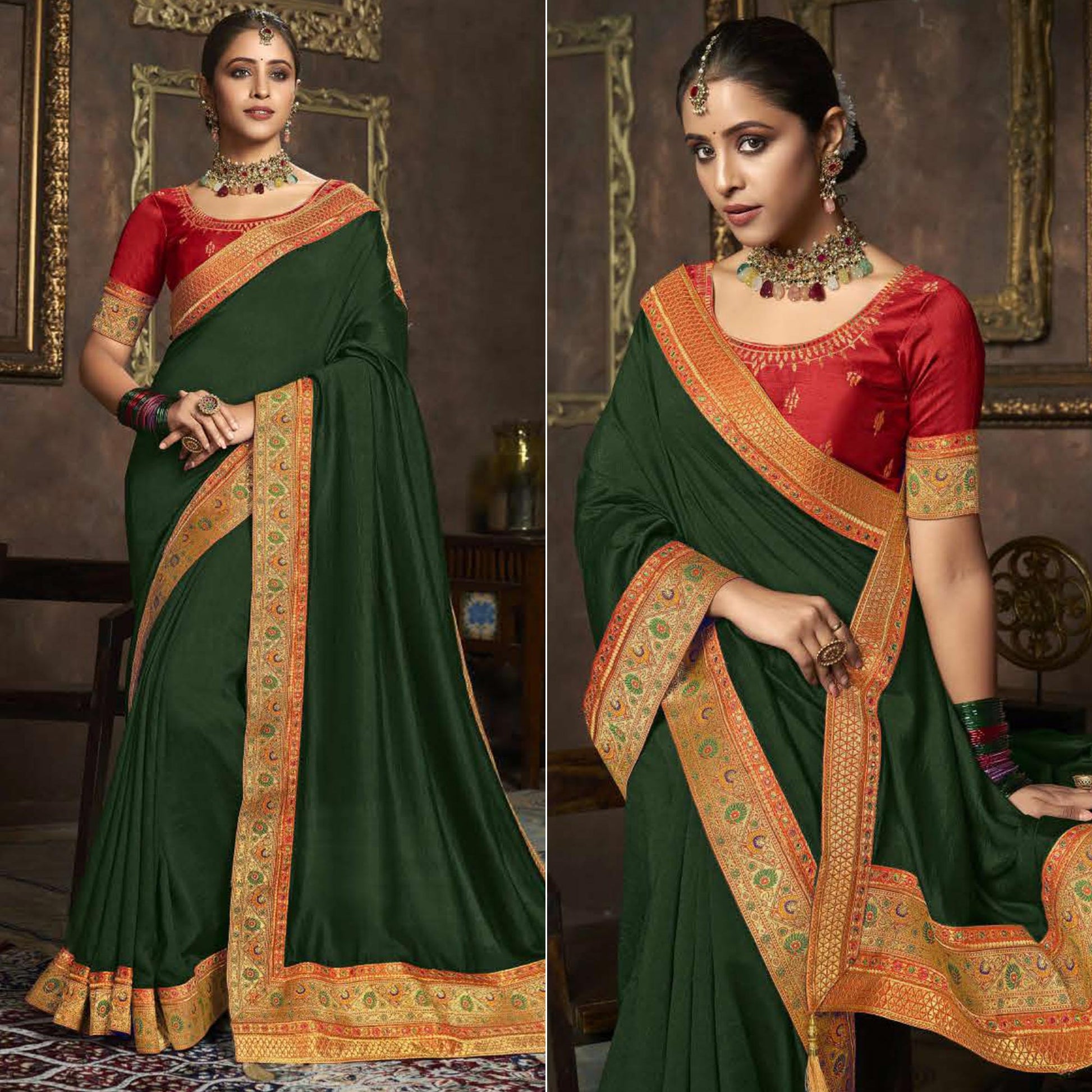 green-solid-with-woven-border-vichitra-silk-saree