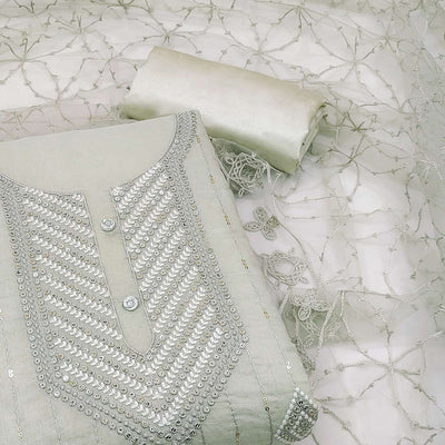 Grey Sequins Embroidered Chanderi Dress Material