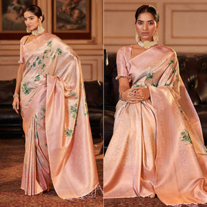 Light Peach Woven Jacquard Saree With Tassels