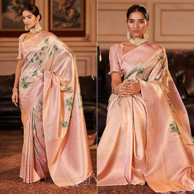 Light Peach Woven Jacquard Saree With Tassels