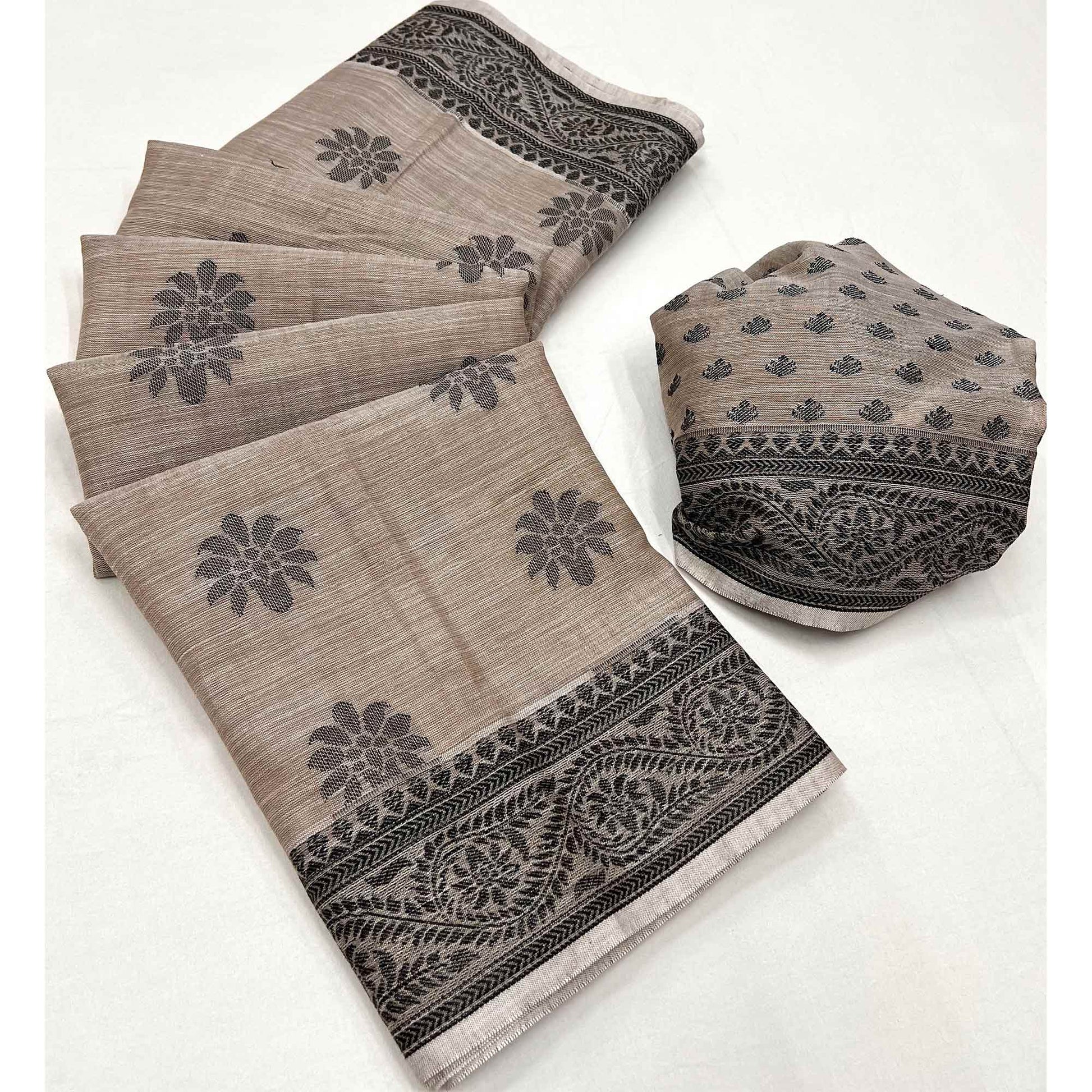 Chikoo Thread Woven Cotton Silk Saree