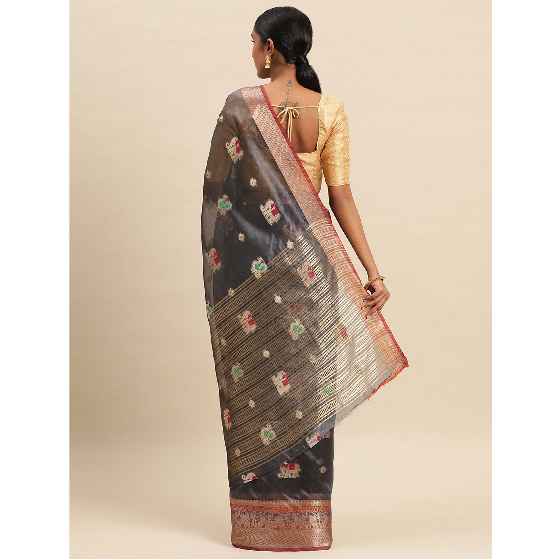 Grey Woven Organza Saree