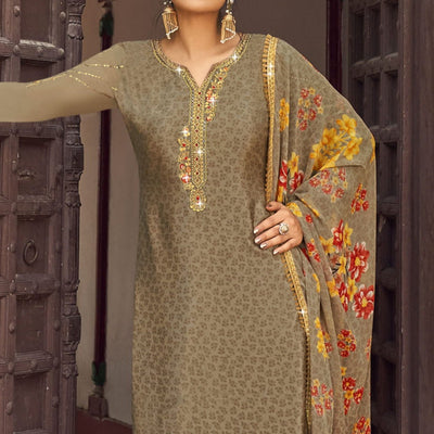 Brown Floral Embroidered Crepe Patiala Suit