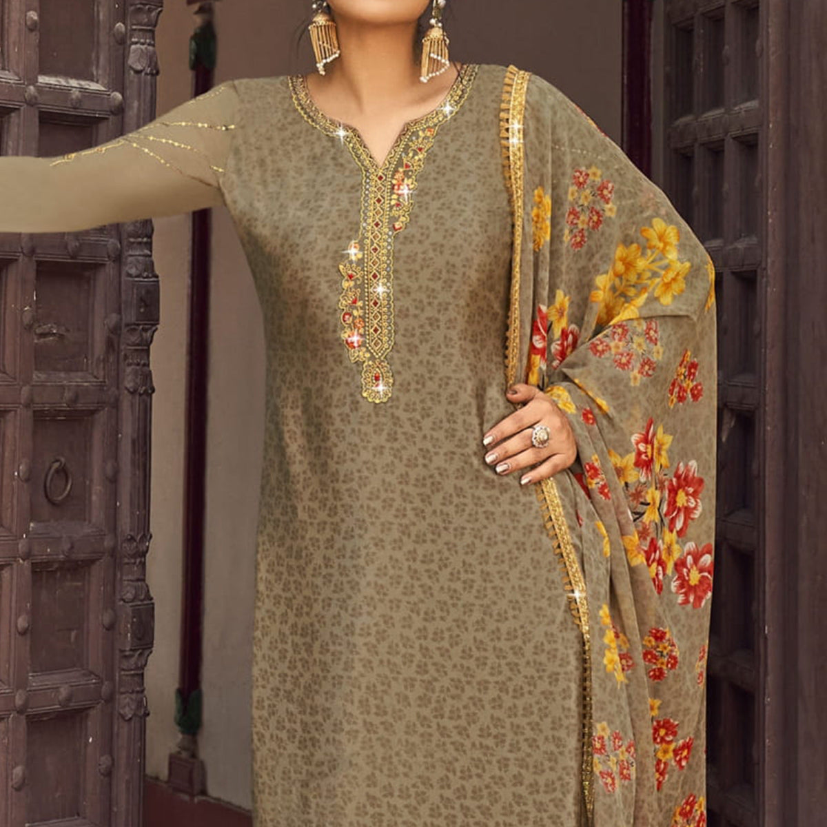 Brown Floral Embroidered Crepe Patiala Suit