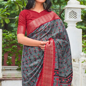 Grey Printed With Woven Border Raw Silk Saree