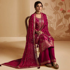 Magenta Pink Woven And Embroidered Dola Silk Palazzo Suit