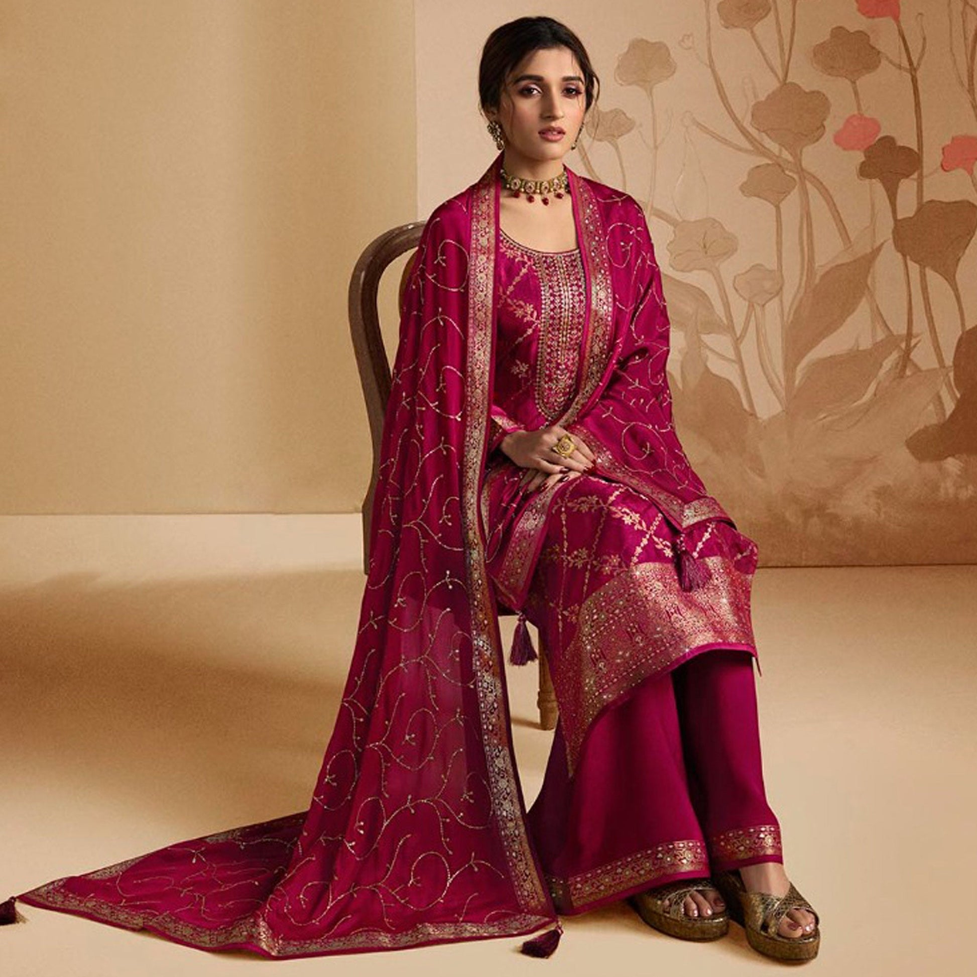 Magenta Pink Woven And Embroidered Dola Silk Palazzo Suit