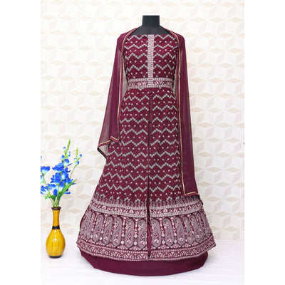 Maroon Floral Embroidered Georgette Front Slit Suit