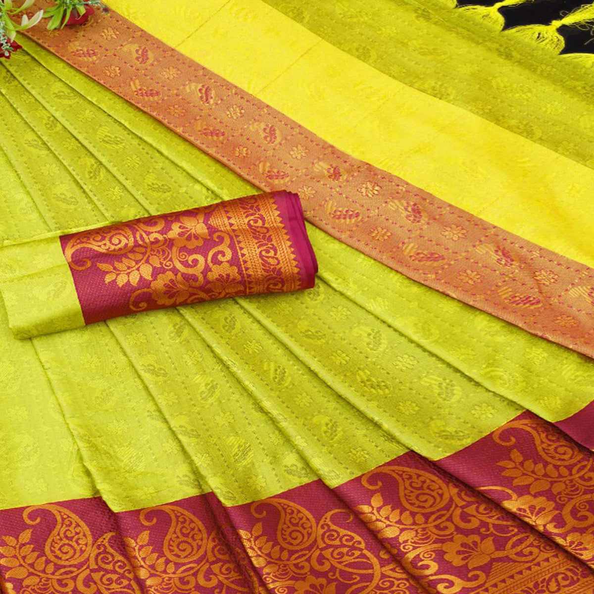 Lemon Green Woven Cotton Silk Saree