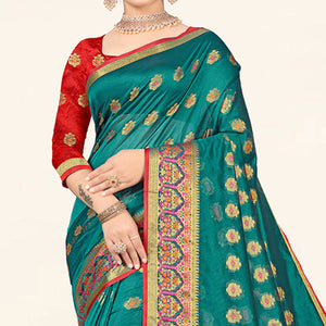 Dark Cyan Woven Organza Saree With Tassels