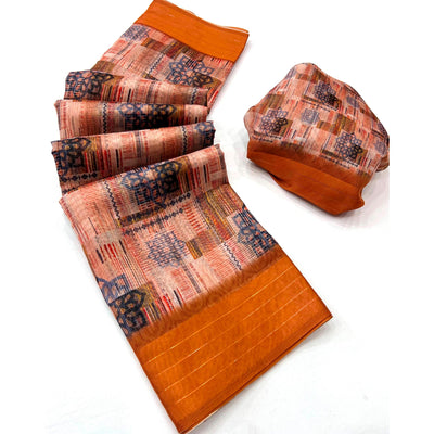 Brown Digital Printed Cotton Blend Saree